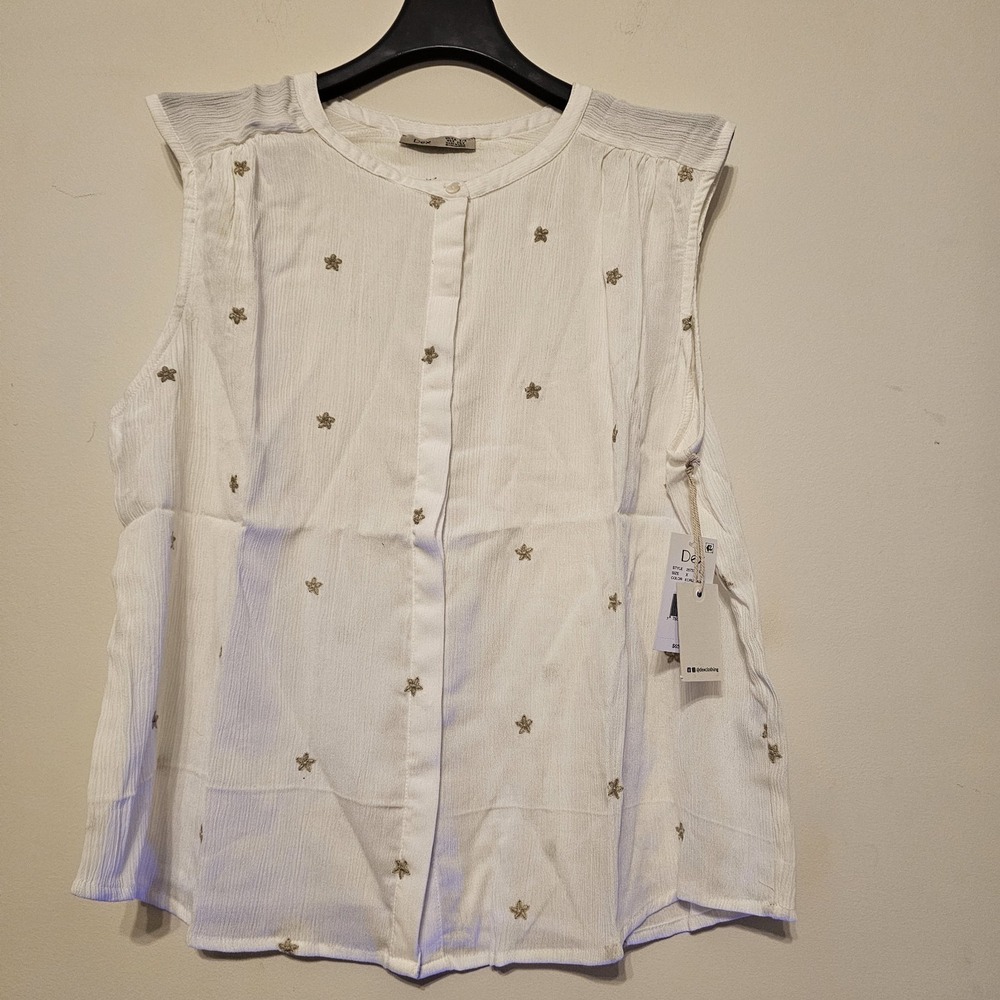 Dex Women Top Size X Fits 14 White Sleeveless Embroidery Flower New Feont Button